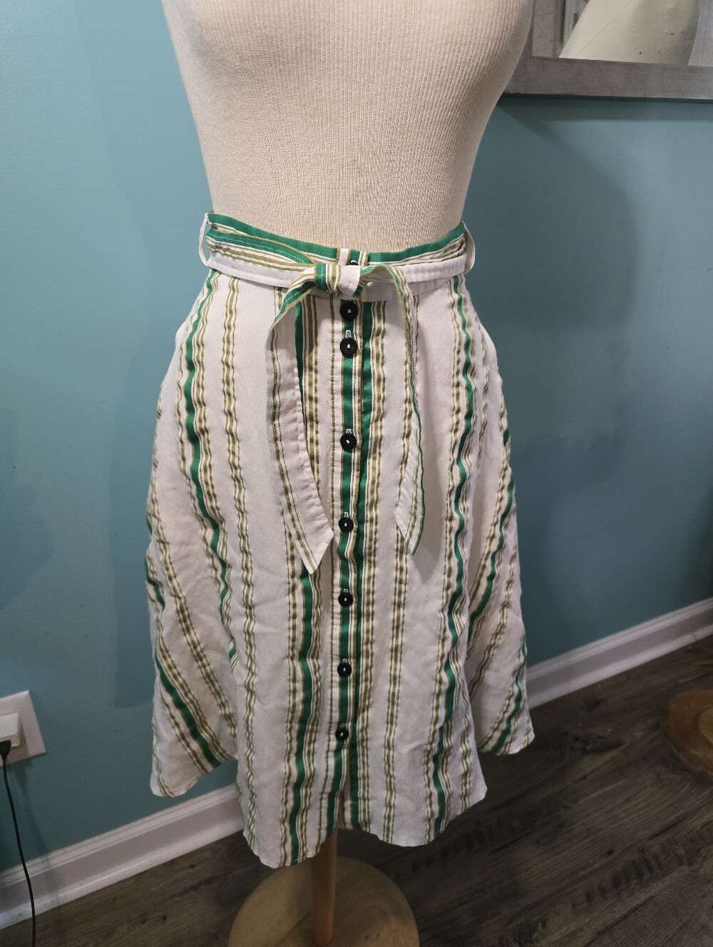 Fun and Flirty Hutch Striped White Skirt with Green Accent and Tie Waist Belt